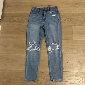 Blue straight high-waisted knee rips